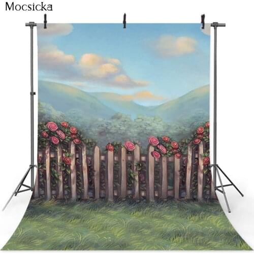 Mountain top background Green grass Pink floral Backdrop for Photography Studio Woodland Landscape Portrait Photo Shoot Backdrop