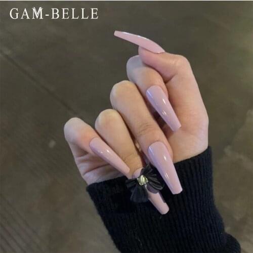 GAM-BELLE 24Pcs False Nails Coffin With Black Bow Full Cover Solid Artificial Press On Nails Art Decoration DIY Manicure Tools