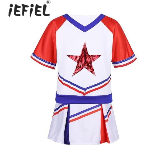 IEFiEL Kids Girls Cheerleader Costume Stars Applique Tops T-shirt with Skirt Modern Dancewear for Halloween Cosplay Party
