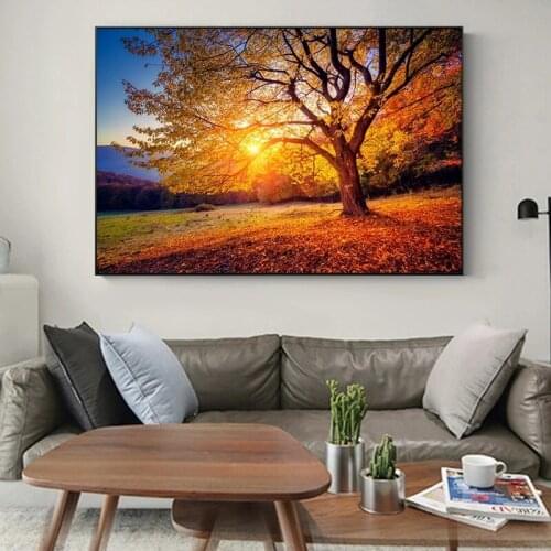 Cuadros Gold Sunset Tree Autumn Art Canvas Print Painting Landscape Wall Picture Living Room Modern Home Decoration Poster