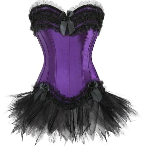 Corset Bustier with Mini Tutu Skirt Steampunk Womens Palace Lace Up Boned Corsetto Dress Strapless Carnival Party Club Night