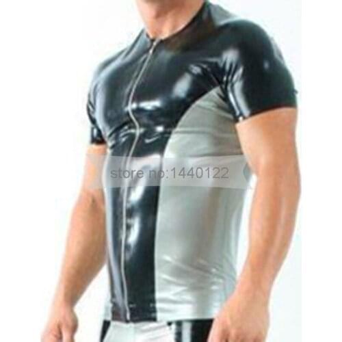 Man Rubber Latex Shirt Black and Silver Sexy Charm Latex Fetish Nightclub Top Custom Handmade BNLSM005