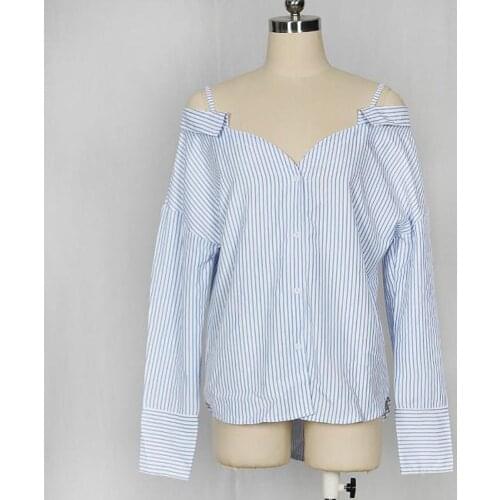 Summer Thin Off Shoulder Womens Shirt White Blue Striped Blouse Long Sleeve Vintage Elegant Office Ladies Tops Women 2021