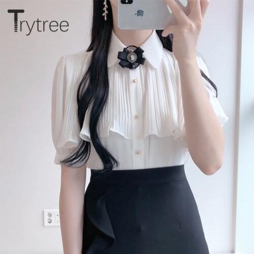 Trytree Summer Women Blouse Casual Bow Tie Ruffles White Shirt Puff Sleeve Office Lady Single Breasted Blouse Tops For Women