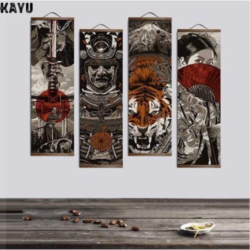 Japanese Ukiyoe Tiger Canvas Poster Wall Pictures for Living Room Home Decor Painting Wall Art with Solid Wood Hanging Scroll