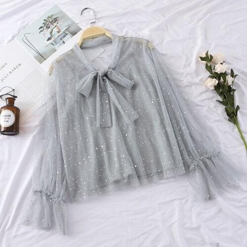 2PCS Women Flare Sleeve Bling Star Sequin Voile Basic Bow Shirt Vintage Elastic Bandage Strap Mesh Gauze Tulle Lace Blouse Tops
