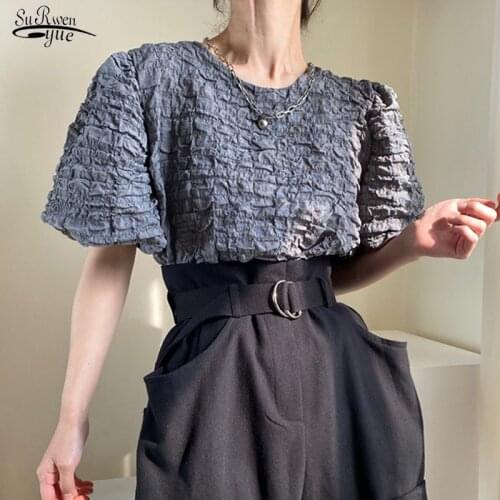 Korean Pleated Solid Bubble Sleeve Shirt Summer Retro Loose Blouse Blusas Chic Streetwear 2021 Temperament O-neck Tops 14700