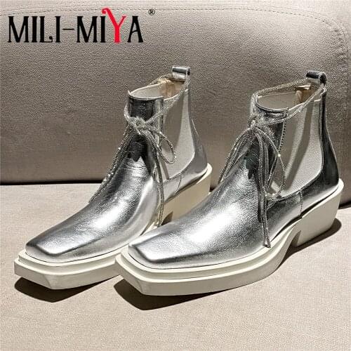 MILI-MIYA Fashion Boots Ladies Gorgeous Crystal Cross Tied Ankle Strap Platform Thick Heel Square Toe Autumn Womens Dancing Shoe