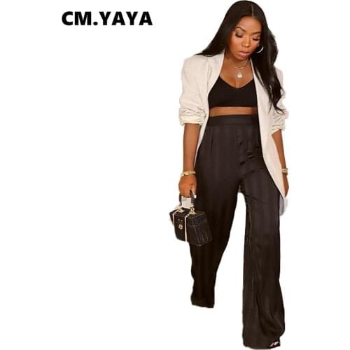 CM.YAYA Women Pants Striped Elastic Mid Waist Loose Wide Leg Long Pants Fashion Casual Trousers Summer High Streetwear 2021