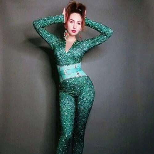Nightclub Rompers Womens Jumpsuit New Sexy Sparkling Green Rhinestone Jumpsuit Spandex Stage Dress GoGo Dancers Costumes VDB1000