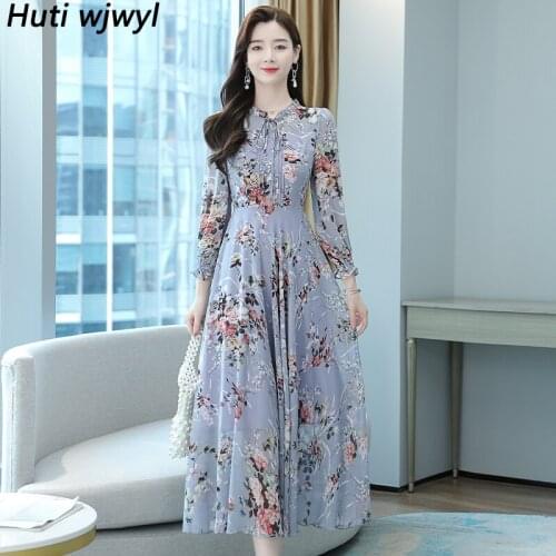 2021 Women Party Long Sleeve Bodycon Chic Vestidos Autumn Winter Vintage Floral Chiffon Midi Dress Casual Boho Beach Maxi Dress