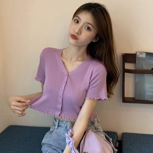 2020 Knitted Crop Tops Fashion Sexy Slim V-neck Button T Shirt Summer Wild Solid Short-sleeved T-shirt Sweater For Women