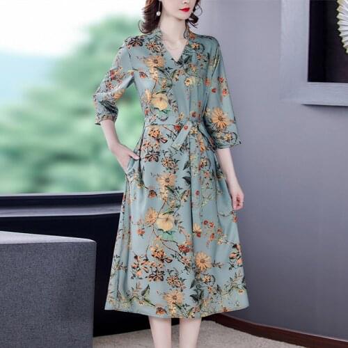 2021 Women Office Lady Casual Beach Dress Elegant Bodycon Party Vestido Spring Autumn Korean Vintage Floral Plus Size Midi Dress