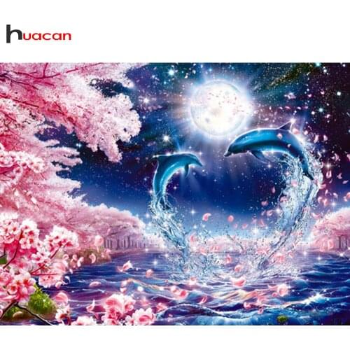 Huacan Diamond Painting Cross Stitch Dolphin Diamond Embroidery Landscape Full Drill Square Animal Diamond Mosaic Rhinestones