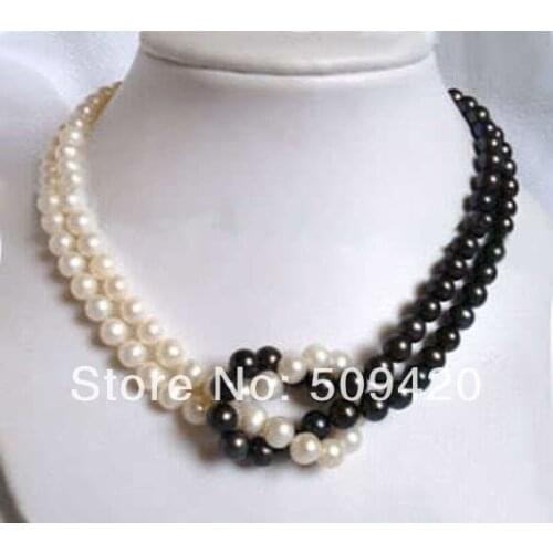 Free Shipping Wholesale 8mm black stone & white natural pearl necklace