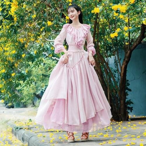 Free Shipping Boshow 2020 New Fashion Women Long Maxi Ruffles Three Quarter Sleeve Spring Autumn Bohemian Chiffon S-L Dresses