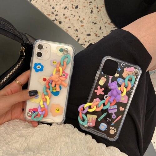 Wrist Chain Phone Case For iPhone 11 12 Pro Max Mini SE2 6 7 8 Plus XS X XR Transparent Cases Cute Graffiti Flower Chain Hanging