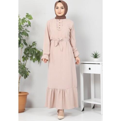 Eteği Volanlı Tesettür Elbise TSD4400 Bej