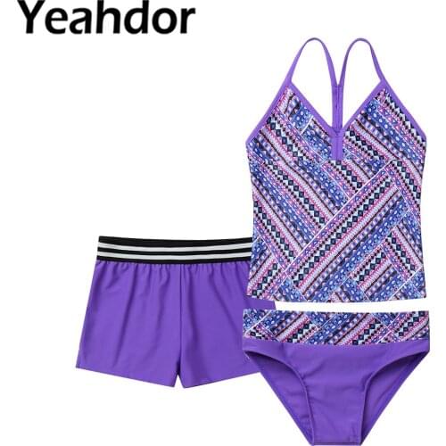 3Pcs Kids Girls Swimsuits V Neck Spaghetti Straps Vest Top and Bottoms Boyshorts Briefs Set Beachwear Bathing Suit Swimwear