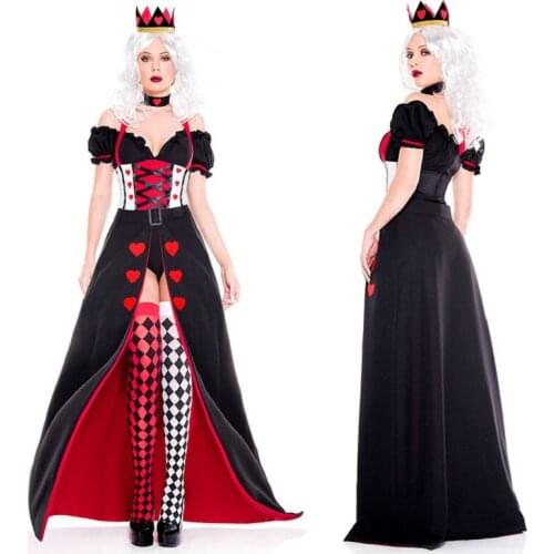 Queen of hearts Alice in Wonderland Costume Poker Queen Cosplay Halloween Masquerade Costumes Sexy Dress with Stocking