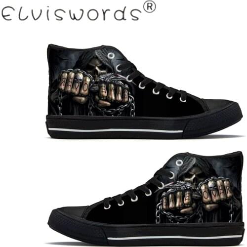 ELVISWORDS Cool Punk Skull Men Vulcanized Shoes Black White Sole High Top Vancas Sneakers Breathable Lace Up Flats Zapatillas