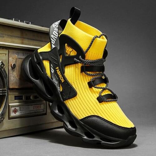 Large Size High Top Outdoor Sneakers Socks Mens Sport Shoes Running Man Sports Shoes Kids Yellow Black Knit Sneekers GMB-1183