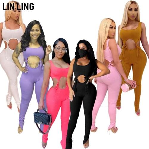 LINLING Womens Sexy 2 Piece Outfits - Sleeveless Lace up Cut Out Bodycon Jumpsuits Party Clubwear Romper