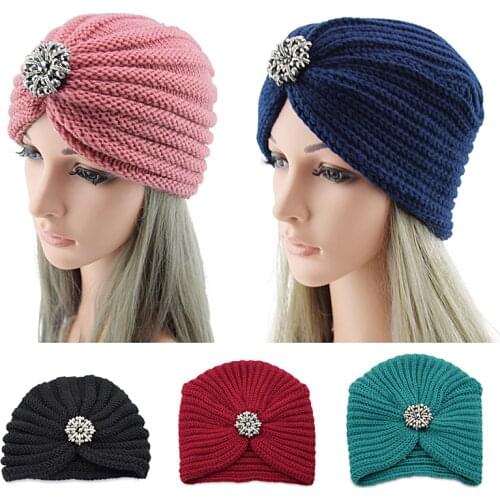 New Women Bohemian Style Warm Winter Autumn knitted Cap Fashion Boho Soft Hair Accessories Turban Solid Color female Muslim hat