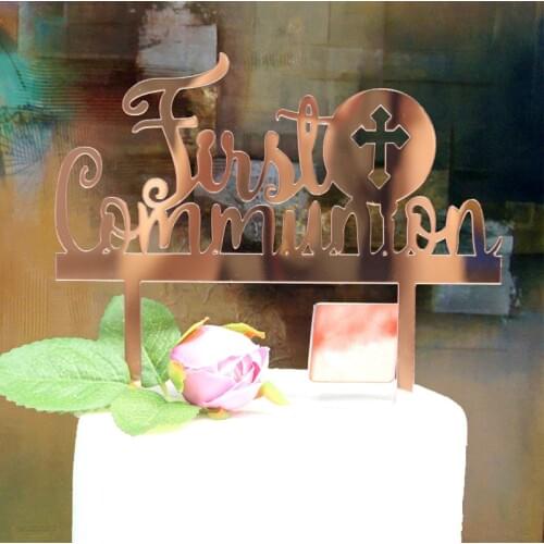 New God Bless Acrylic Cake Topper Mirror Rose Gold First Communion Cupcake Topper For Baptism Baby Shower Party Cake Decorations