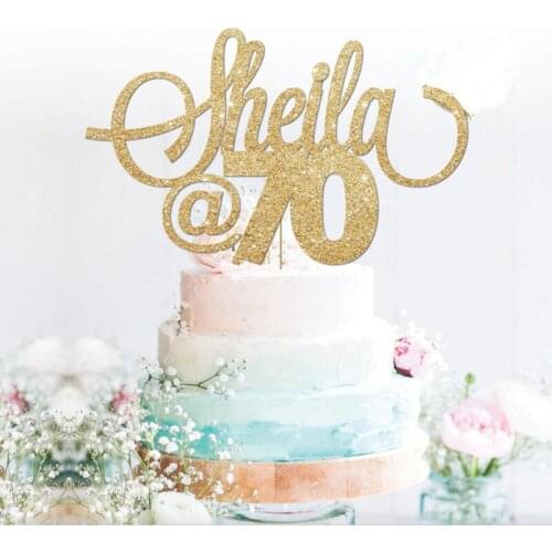 Personalised Sheila 70 birthday Gold glitter cake topper custom 21, 30, 40, 50, 60, 70, 80 ,any name age milestones birthday