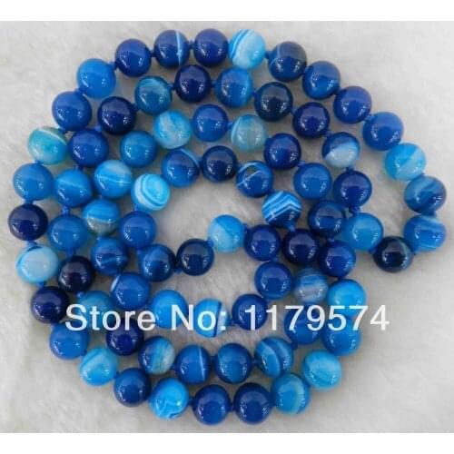 New women wedding with Blue Stripe Onyx 10mm Round Beads Necklace Fashion Jewelry Making Design Hand Made Ornaments 35 "WJ118