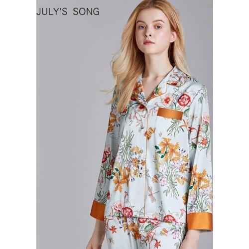 JULYS SONG Faux Silk Satin Women Pajamas Set 2 Pieces Spring Floral Printing Long Sleeve Sleepwear Pajamas Suit Homewear