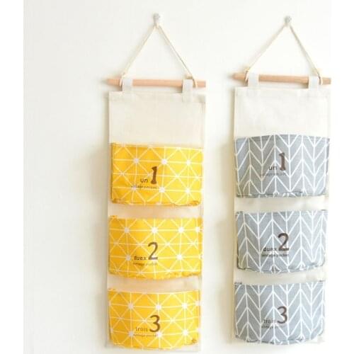Cotton Linen Number Three Pocket Sundry Hanging Bag Cotton And Linen Storage Bag Wall Decoration Behind The Door