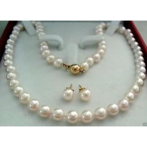 14K Gold Clasp 7-8MM AAAA White Akoya Cultured Pearl Necklace Earring