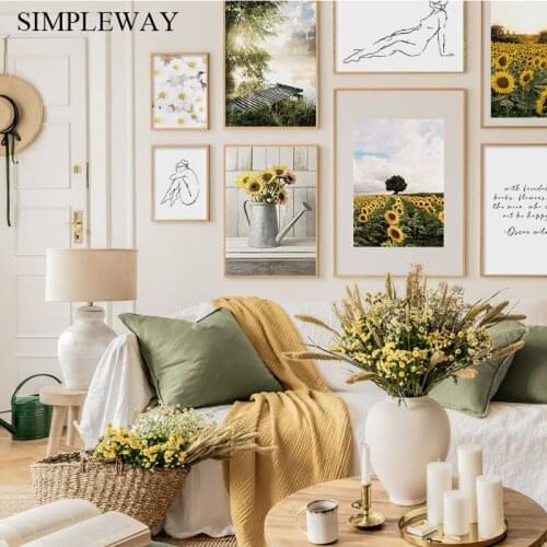 Scandinavian Morning Sunrise Poster Sunflower Nature Landscape Painting Canvas Art Print Nordic Wall Picture Modern Room Decor