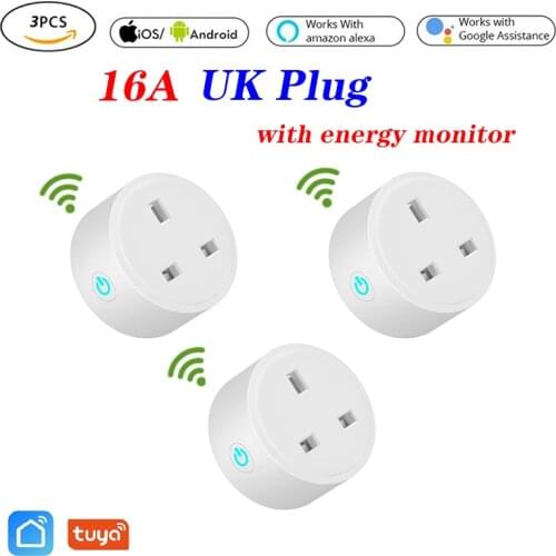 16A 3pcs Tuya Wifi Smart socket Smart mini plug UK WiFi remote control with Alexa Google home Energy Monitor