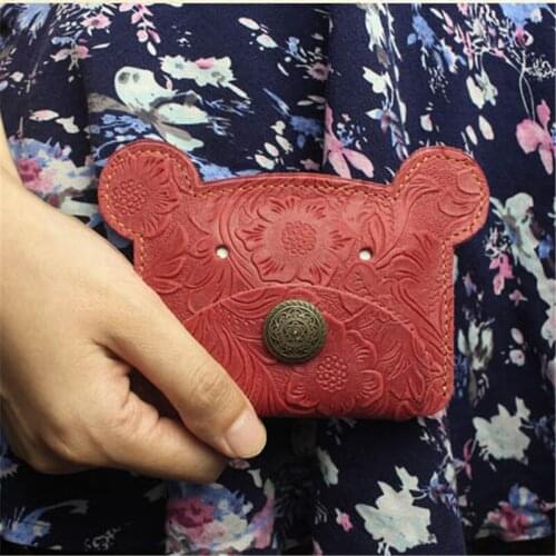 Unisex Card Holder Wallets Genuine Cow Leather Women Coin Purses Mens Vintage Handmade Small Wallets Cute Bear Gift for Friends