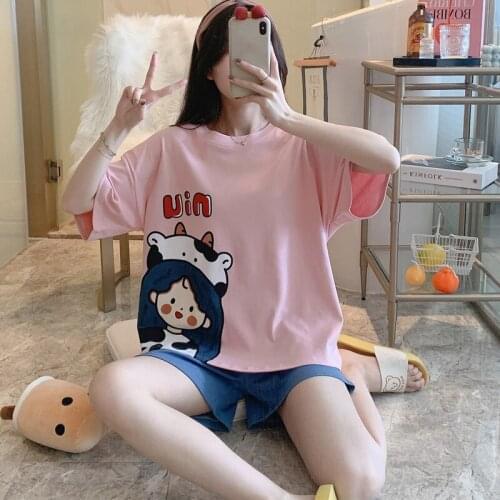 Women Sleepwear Summer Pajamas Plus Size XXXL Cartoon Cotton Short Sleeved Shorts Suit Loose Version Pajama Set