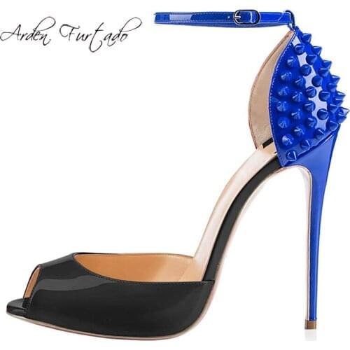 Summer narrow band 2019 fashion womens shoes buckle blue purple peep toe elegant big size party shoes rivets sandals big size