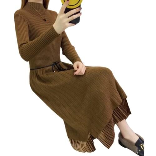 Woman Elegant Autumn Sweater Dress Solid Long Thick Turtleneck knitted Bodycon Female Long Sleeve A-Line Robe Knit Dress L78