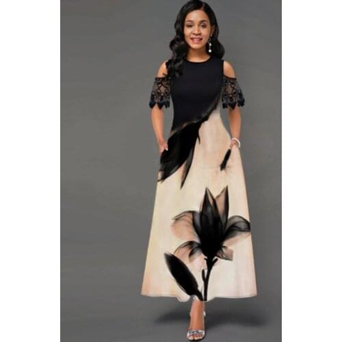 2021 Summer Women Dress Fashion Sexy Lace Short Sleeve Off-shoulder O-neck Party Dress Vintage Floral Print Ladies Elegant Dress