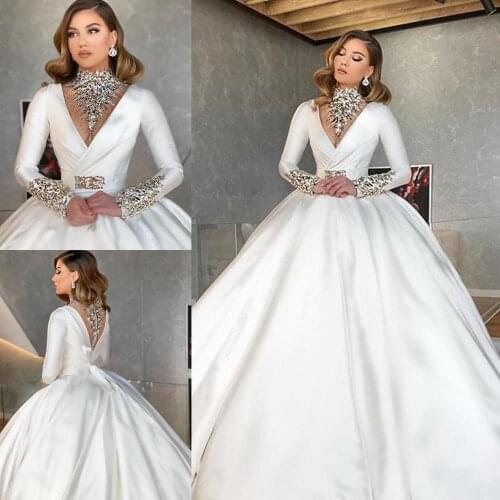 Arabic High Neck Wedding Dresses Crystal Beaded Long Sleeve A Line Country Wedding Dress Custom Made Satin Robes De Mariée
