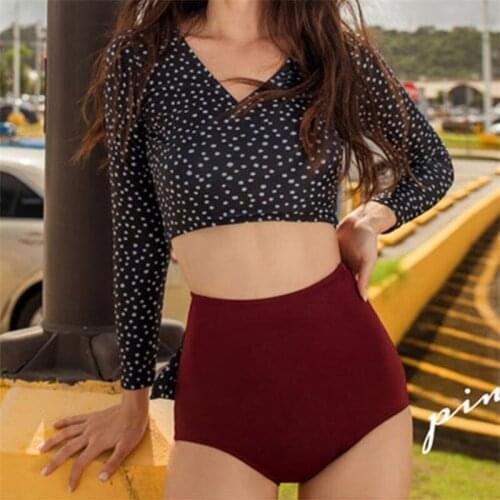 2021 Long Sleeve Split Swimsuit Sexy Slim Polka Dot High Waist Sunscreen Export Pure Color Bust Bikini