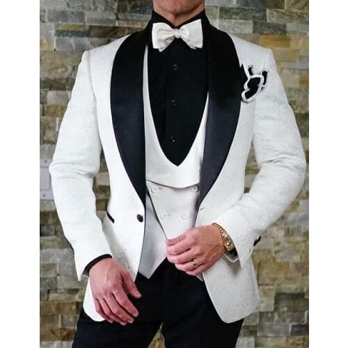 One Button White Paisley Groom Tuxedos Shawl Lapel Groomsmen Mens Wedding Prom Suits (Jacket+Pants+Vest+Tie) NO:222