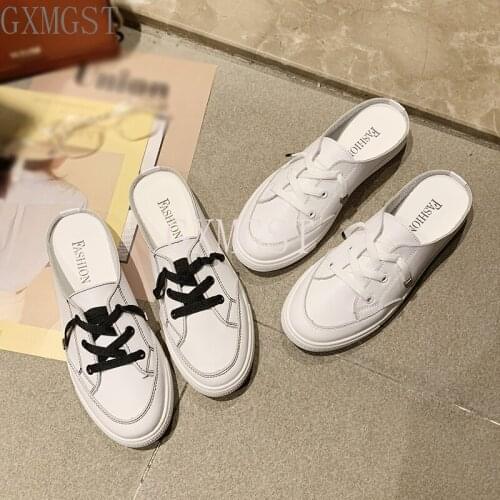 2021 white flat womens shoes, Korean fashion casual half shoes, lace-up mules