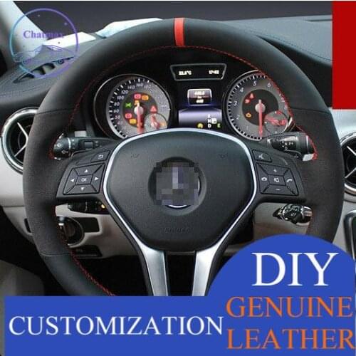 For Benz GLA200 Custom Made Anti Slip DIY Hand Sewing Steering Wheel Cover Black leather Red thread Anti-slip fit all season