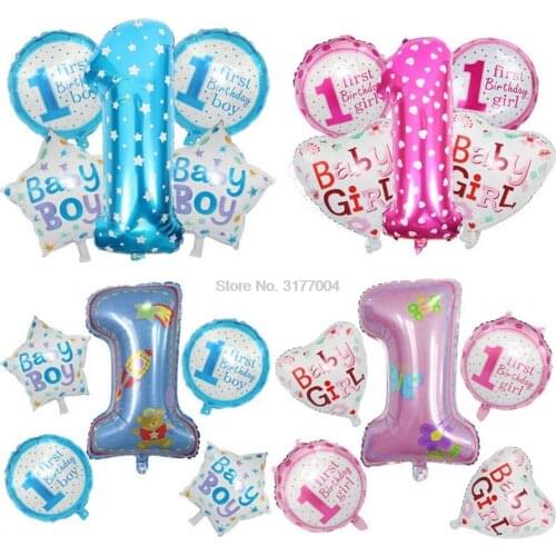 DHL 100set 5Pcs/set Baby 1st Birthday Party Balloons Set Pink Blue Number Foil Air Balls Decorations Craft Toy 32 inch