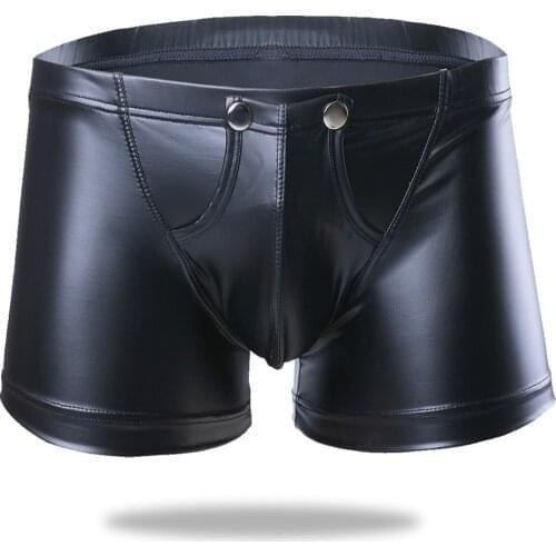 Men Boxer Shorts Underwear Underpants Stretch PU Leather Boxers Gay Sexy Panties Lingerie with Press Button Bulge Pouch Clubwear