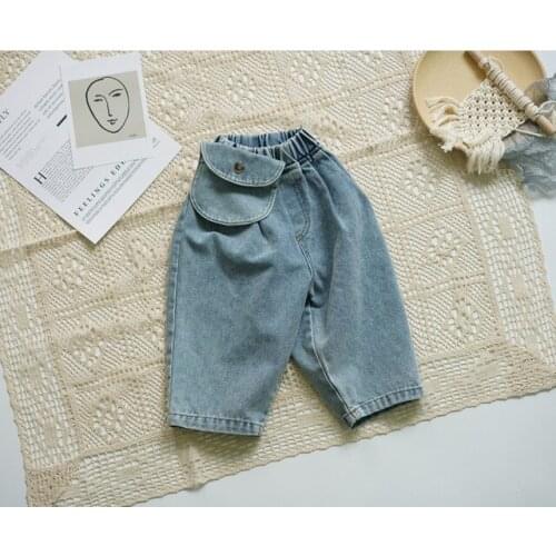 Childrens Jeans Autumn and Spring Baby Boys Casual Korean Denim Trousers Solid Loose Pocket Harem Pants for Girls 2-7 Years