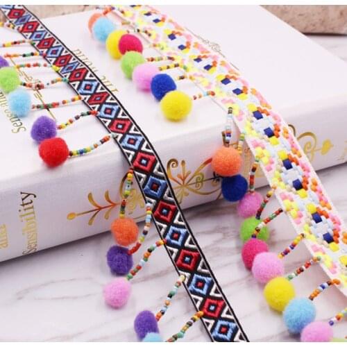 Ethnic Embroidery Lace Ribbon silk tassel fringe trim Colorful Round Ball Tassel Pom Pom Trim Beads Pendant Collars Accessories